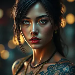 Matte portrait of Cassandra Cain with tattoos, 8k, Highly Detailed, Alluring, Artstation, Bokeh effect, Sharp Focus, Volumetric Lighting, Concept Art by Stanley Artgerm Lau, Greg Rutkowski