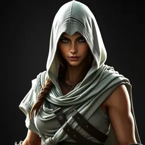 An athletic Kassandra wearing a white hood in full Assassin's Creed style, Highly Detailed, Half Body, Sharp Focus, Volumetric Lighting