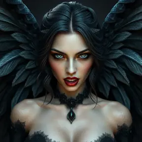 A beautiful winged romanian vampire woman with penetrating eyes, fangs, perfect face, 8k, Hyper Detailed, Intricate Details, Masterpiece, Contemporary, Full Body, Trending on Artstation, Gothic, Deviantart, Concept Art by Stefan Kostic