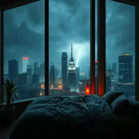 Beautiful cozy bedroom with floor to ceiling glass windows overlooking a cyberpunk city at night, thunderstorm outside with torrential rain, High Resolution, Highly Detailed, Darkwave, Gloomy by Stefan Kostic