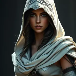 A beautiful Kassandra wearing a white hood in full Assassin's Creed style, Highly Detailed, Half Body, Sharp Focus, Volumetric Lighting