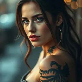 A half body portrait of a beautiful Kassandra with tattoos, Alluring, Half Body, Bokeh effect, Photo Realistic, Sharp Focus, Volumetric Lighting