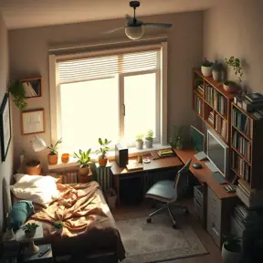 isometric render, messy nostalgic bedroom with a gaming pc, windows, plants bookshelves, desk, 8k, Behance, Dynamic Lighting, Concept Art, 3D art, Muted