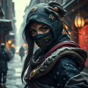 Wallpaper of a mysterious beautiful masked kunoichi ninja wearing eyeliner and gold jewelry in the streets of a dark snowy town in moscow, fluid motion, 8k, Intricate Details, Trending on Artstation, Beautiful, Stunning, Centered by Stanley Artgerm Lau, WLOP