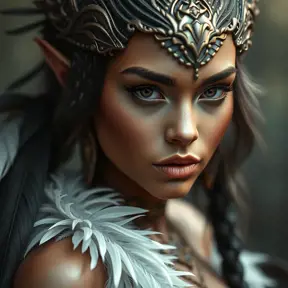 Alluring matte portrait of a beautiful Nidalee wearing feathers, 8k, Highly Detailed, Intricate, Half Body, Realistic, Sharp Focus, Volumetric Lighting, Fantasy, Elegant by Stanley Artgerm Lau, Alphonse Mucha, WLOP