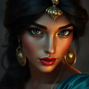 Alluring matte portrait of Princess Jasmine, 4k, 4k resolution, 8k, HD, High Definition, High Resolution, Highly Detailed, HQ, Hyper Detailed, Intricate Artwork, Ultra Detailed, Digital Painting, Matte Painting, Realistic, Sharp Focus, Dim light, Fantasy by Stanley Artgerm Lau