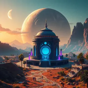 Cosmic round beautiful indigo temple in the center of a futuristic community. Extraterrestrial landscape. Planet sirius. The moon and stars can be seen in the sky even during the day., Sci-Fi, Volumetric Lighting, Vibrant Colors by Greg Rutkowski