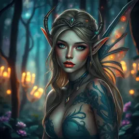 Beautiful elf in a magical forest, 4k, Highly Detailed, Hyper Detailed, Masterpiece, Full Body, Cosmic Nebulae, Full Lips, Pretty Face, Tattoos, Wings, Digital Illustration, Bloom light effect, Cinematic Lighting, Realistic, Sharp Focus, Deviantart, Centered, Beautifully Lit, Bioluminescent, Radiant, Vibrant Colors by Stanley Artgerm Lau, Alphonse Mucha, Greg Rutkowski, Stefan Kostic