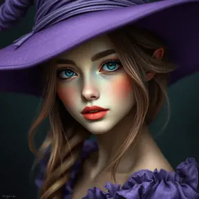 Matte portrait of a beautiful Kiki the witch with a purple hat, 4k resolution, Highly Detailed, Hyper Detailed, Beautiful, Sharp Focus, Fantasy by Stanley Artgerm Lau