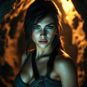 Alluring full body matte portrait of a beautiful Lara Croft in a well lit cave, 8k, Highly Detailed, Intricate, Photo Realistic, Sharp Focus, Volumetric Lighting, Fantasy, Elegant