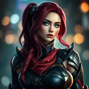 Alluring matte portrait of a beautiful Katarina from League of Legends in her battle suit, Highly Detailed, Full Body, Bokeh effect, Photo Realistic, Sharp Focus by Stefan Kostic