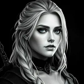 Black and White matte portrait of a beautiful Ciri from the Witcher 3, Highly Detailed, Beautiful, Glamour Shot, Elegant