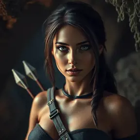 Matte portrait of a beautiful Lara Croft in a cave with arrows, 8k, Highly Detailed, Intricate, Realistic, Sharp Focus, Volumetric Lighting, Fantasy, Elegant by Stanley Artgerm Lau, WLOP