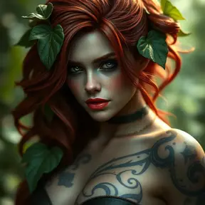 Matte portrait of Poison Ivy with tattoos, 8k, Highly Detailed, Alluring, Artstation, Bokeh effect, Sharp Focus, Volumetric Lighting, Concept Art by Stanley Artgerm Lau, Greg Rutkowski