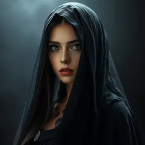 Alluring matte portrait of a beautiful veiled Yennefer wearing a black veil with long straight hair, 8k, Highly Detailed, Intricate, Half Body, Realistic, Sharp Focus, Volumetric Lighting, Fantasy, Elegant