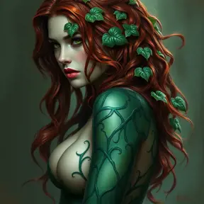 Alluring half body portrait of Poison Ivy in the style of Stefan Kostic, 8k, Highly Detailed, Intricate, Half Body, Matte Painting, Realistic, Sharp Focus, Fantasy by Greg Rutkowski