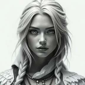 Alluring black and white matte portrait of a beautiful Ciri with a white background, 8k, Highly Detailed, Intricate, Half Body, Realistic, Sharp Focus, Volumetric Lighting, Fantasy, Elegant by Stanley Artgerm Lau