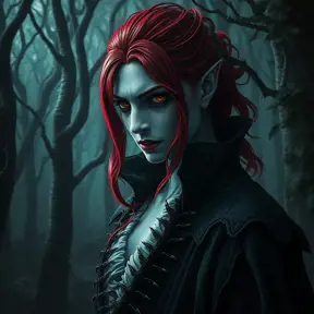 Red haired vampire in a haunted forest, Highly Detailed, Intricate, Gothic, Volumetric Lighting, Fantasy, Dark by Stanley Artgerm Lau