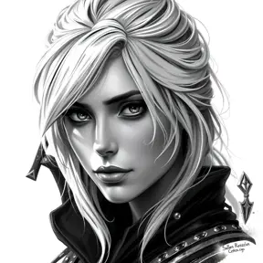 Black & White portrait of Ciri, Highly Detailed, Intricate, Artstation, Beautiful, Digital Painting, Sharp Focus, Concept Art, Elegant