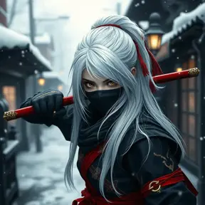 Mysterious beautiful white kunoichi ninja wearing black, red and gold in the streets of a dark snowy town in russia, 8k, Intricate Details, Trending on Artstation, White Hair by Stanley Artgerm Lau, WLOP