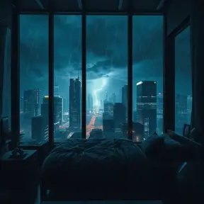 Beautiful cozy bedroom with floor to ceiling glass windows overlooking a cyberpunk city at night, thunderstorm outside with torrential rain, High Resolution, Highly Detailed, Darkwave, Gloomy by Stefan Kostic