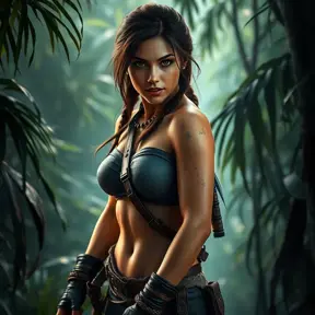 Alluring full body portrait of a beautiful Lara Croft in the jungle getting ready for battle, 8k, Highly Detailed, Intricate, Photo Realistic, Sharp Focus, Volumetric Lighting, Fantasy, Elegant