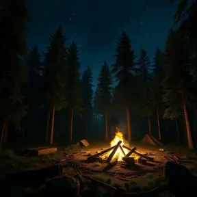 A highly detailed matte painting of a camp fire in the forest at night in the style of Firewatch, 4k resolution, Masterpiece, Trending on Artstation, Volumetric Lighting