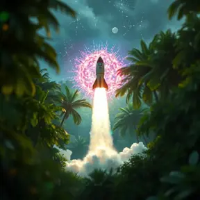 Studio ghibli, rocket explosion, jungle, solar, green technology, optimist future, 8k, Bokeh effect, Cinematic Lighting, Iridescence, Vibrant by Greg Rutkowski, WLOP