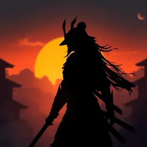 Silhouette of a samurai female assassin in the style of Fire watch, 8k, Dystopian, Trending on Artstation, Volumetric Lighting