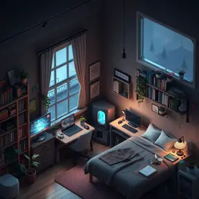 Nostalgic bedroom with a gaming pc, windows, plants bookshelves, desk, 3d art, muted colors, perfect lighting, night time, Highly Detailed, Behance, Isometric, 3D Rendering, Concept Art by WLOP