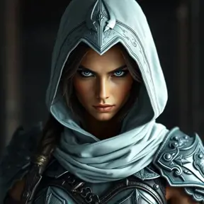 Alluring matte portrait of a fierce looking Kassandra in white Assassin's Creed armor, 8k, Highly Detailed, Intricate, Half Body, Realistic, Sharp Focus, Volumetric Lighting, Fantasy, Elegant