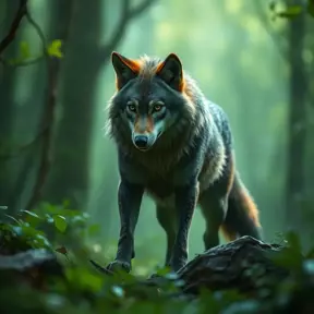 Wolf in a green magical forest, Highly Detailed, Bokeh effect, Sharp Focus, Volumetric Lighting, Fantasy by Greg Rutkowski