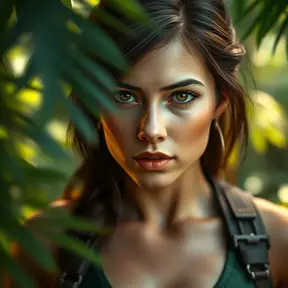 Matte portrait of the beautiful Lara Croft in a green jungle, 8k, Highly Detailed, Intricate, Realistic, Sharp Focus, Volumetric Lighting, Fantasy, Elegant by Stanley Artgerm Lau, WLOP, Stefan Kostic