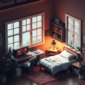 Nostalgic bedroom with a gaming pc, windows, plants bookshelves, desk, 3d art, muted colors, perfect lighting, night time, Highly Detailed, Behance, Isometric, 3D Rendering, Concept Art by WLOP