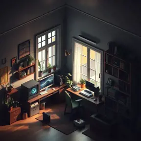 isometric render, messy nostalgic bedroom with a gaming pc, windows, plants bookshelves, desk, 8k, Behance, Dynamic Lighting, Concept Art, 3D art, Muted