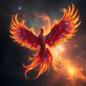 The Nebula Phoenix is a cosmic bird with wings that resemble swirling galaxies. Witness the physics of space and time as it flaps through the digital cosmos, Unreal Engine, Volumetric Lighting, Vibrant Colors