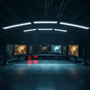 A dark industrial desk from the future with many monitors, Photo Realistic, Volumetric light effect, Octane Render, Unreal Engine, Ambient Occlusion, Maximalism, Industrial by Beeple