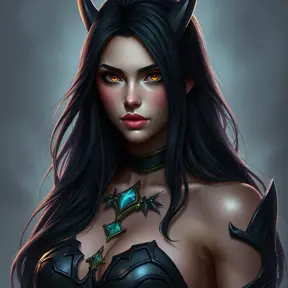 Alluring matte portrait of a beautiful Morgana from League of Legends, Highly Detailed, Half Body, Realistic, Volumetric Lighting by Stefan Kostic