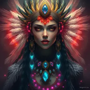 A visionary painting of a single alluring electronic mystical tribal goddess surrounded by feathers and gemstones, 8k, Highly Detailed, Intricate, Artstation, Matte Painting, Sharp Focus, Volumetric Lighting, Concept Art by Stanley Artgerm Lau, Greg Rutkowski