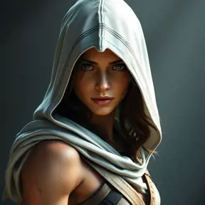 An athletic Kassandra wearing a white hood in full Assassin's Creed style, Highly Detailed, Half Body, Sharp Focus, Volumetric Lighting