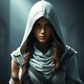 A beautiful Kassandra in a white hooded Assassin's Creed style, Highly Detailed, Half Body, Sharp Focus, Volumetric Lighting