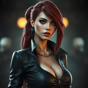 Alluring matte portrait of a beautiful Katarina from League of Legends in leather, Highly Detailed, Full Body, Bokeh effect, Photo Realistic, Sharp Focus by Stefan Kostic