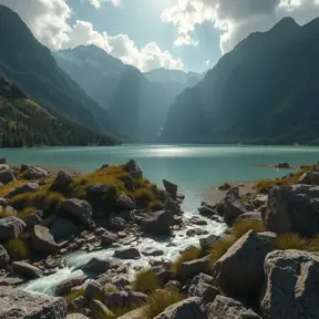 Lake in mountains streams and rivers flow down slopes of mountains and rocks into the valley spring in mountains, 8k, Award-Winning, Highly Detailed, Beautiful, Octane Render, Unreal Engine, Radiant, Volumetric Lighting by Greg Rutkowski