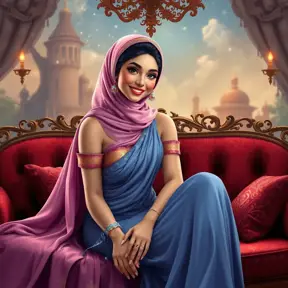 Fashion Illustration Style, A Woman in a headscarf Sitting on a sofa on a fairy-tale Background, Smiling like a Fairy Queen, Princess Jasmine, Photorealistic Disney, Disney Photos are Realistic, Princess Portrait, Disney-style Art, Beautiful Genie Girl, Disney Rendering, Disney Animation Style, Isabella Moner, Ivan Talavera Style and Artgerm, portrait of the Disney Veta, 8k, Highly Detailed, Intricate, Realistic, Sharp Focus, Volumetric Lighting, Fantasy, Elegant by Stanley Artgerm Lau, Alphonse Mucha, WLOP, Stefan Kostic