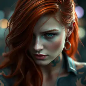 Close up of a red haired Sarah Kerrigan with tattoos, 8k, Highly Detailed, Artstation, Bokeh effect, Sharp Focus, Volumetric Lighting, Concept Art by Stanley Artgerm Lau, Greg Rutkowski