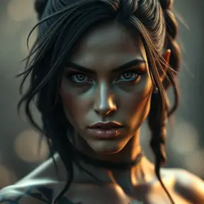 Matte portrait of Nidalee with tattoos, Highly Detailed, Alluring, Bokeh effect, Photo Realistic, Sharp Focus, Volumetric Lighting