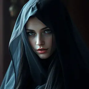 Alluring matte portrait of a beautiful veiled Yennefer wearing a black veil with long straight hair, 8k, Highly Detailed, Intricate, Half Body, Realistic, Sharp Focus, Volumetric Lighting, Fantasy, Elegant