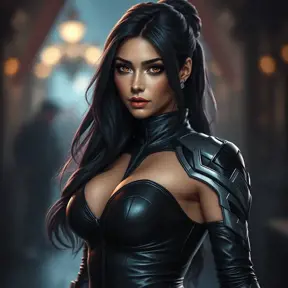 Alluring portrait of a beautiful Irelia from League of Legends in tight leather, Highly Detailed, Full Body, Bokeh effect, Photo Realistic, Sharp Focus by Stefan Kostic