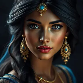 Matte portrait of the beautiful Princess Jasmine in dark blue, 8k, Highly Detailed, Intricate, Realistic, Sharp Focus, Volumetric Lighting, Fantasy, Elegant by Stanley Artgerm Lau, WLOP, Stefan Kostic