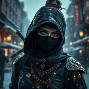 Wallpaper of a mysterious beautiful masked kunoichi ninja wearing eyeliner and gold jewelry in the streets of a dark snowy town in moscow, fluid motion, 8k, Intricate Details, Trending on Artstation, Beautiful, Stunning, Centered by Stanley Artgerm Lau, WLOP